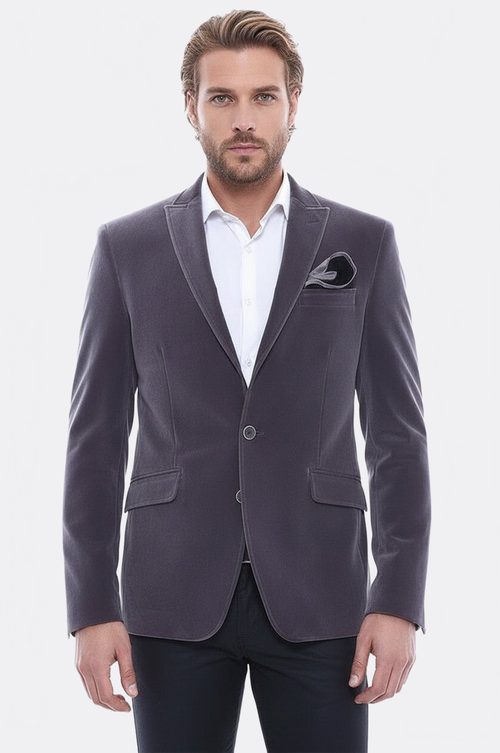 Velvet Slim Fit Grey Men Blazer - Wessi