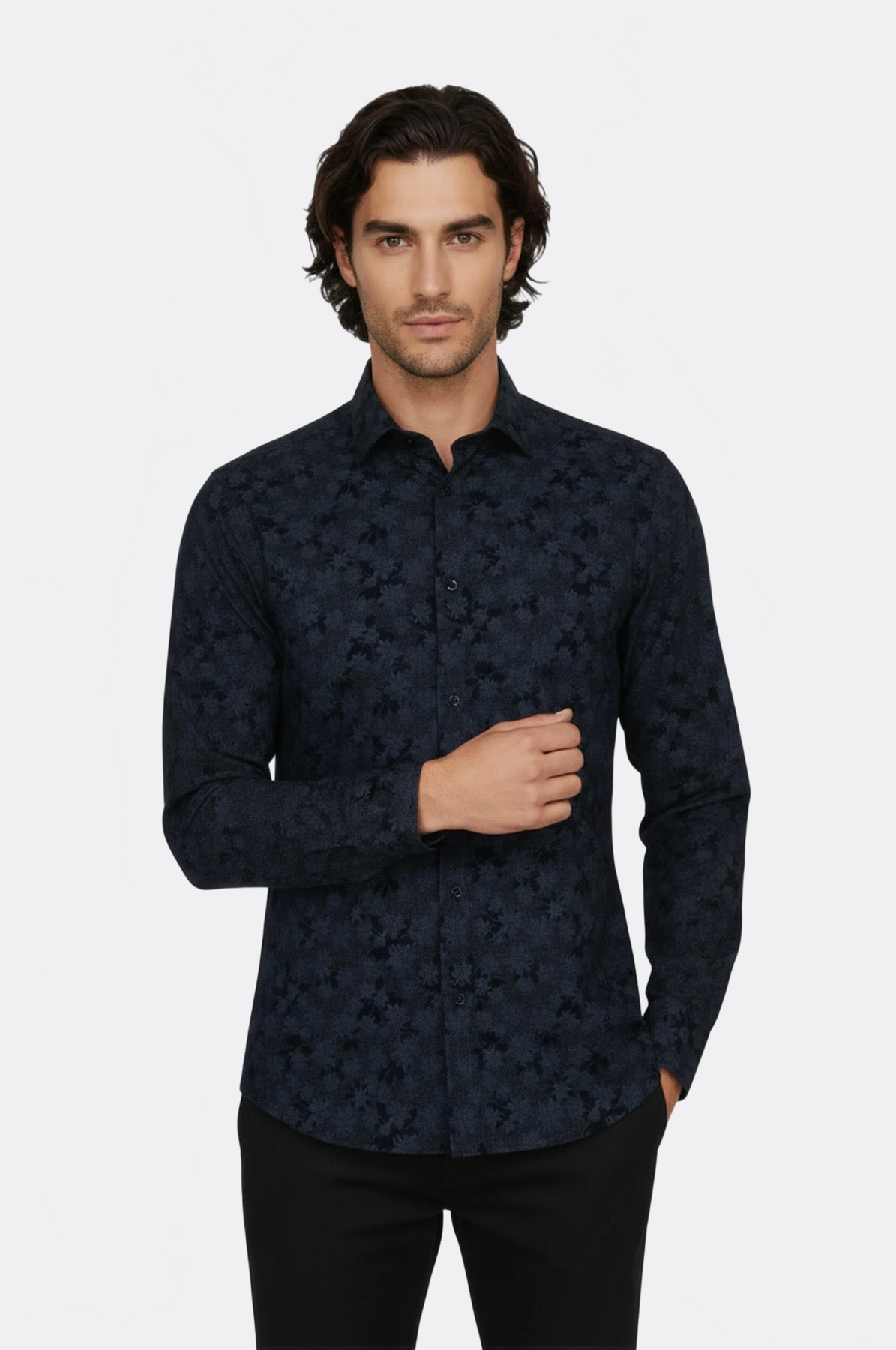 Bloom Patterned Dark Blue Slim Fir Shirt - Wessi