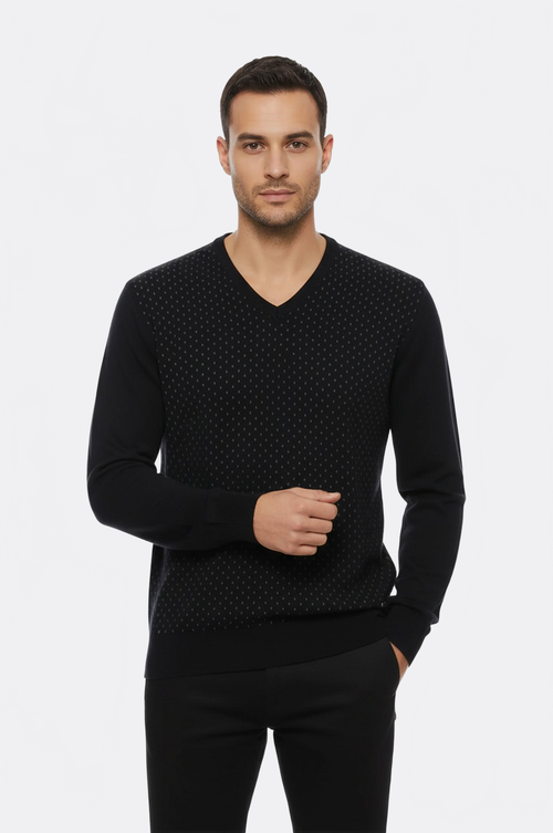Dot Patterned V Neck Black Sweater - Wessi