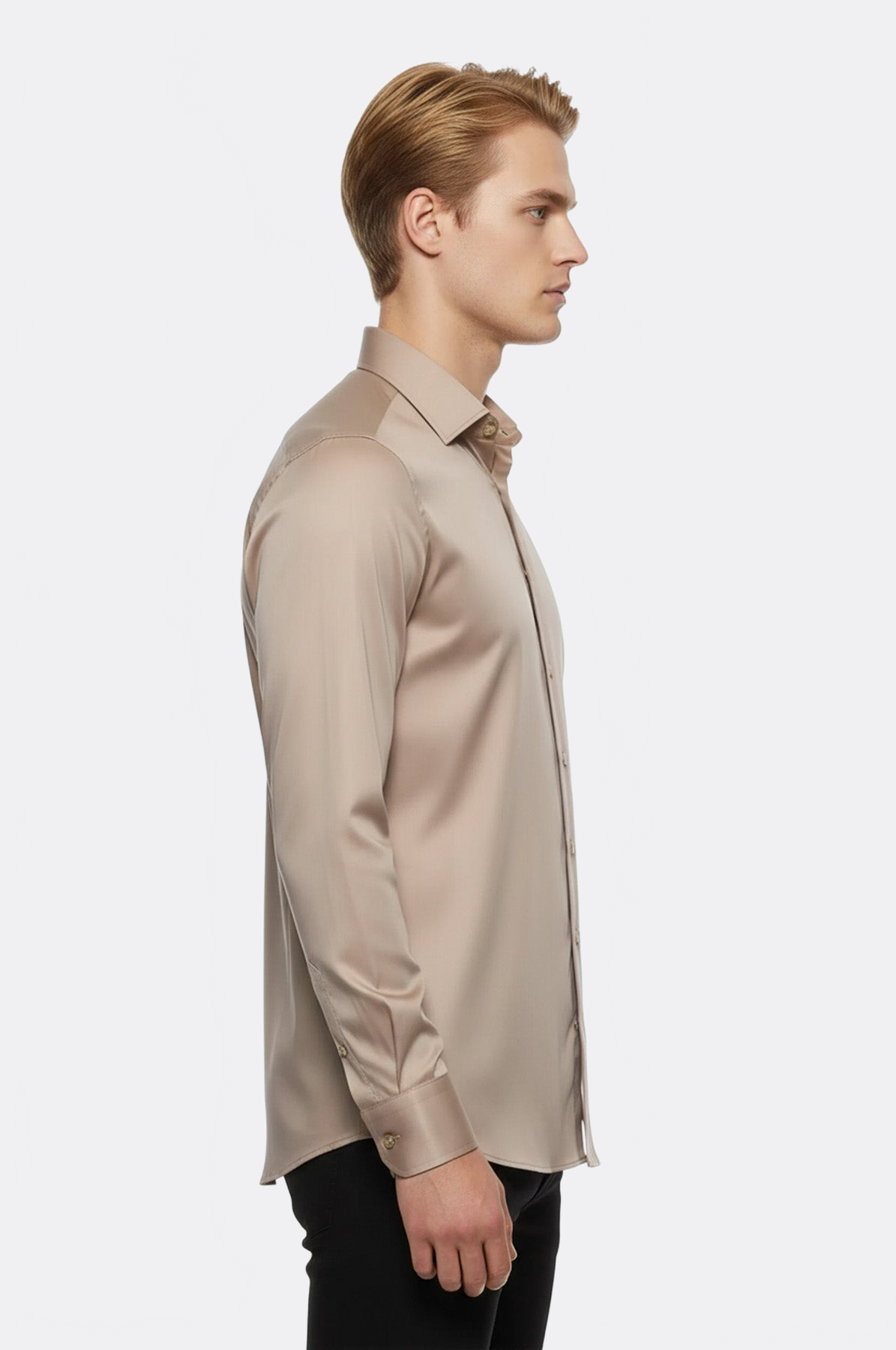 Cotton Satin Plain Long Sleeves Slim Fit Beige Men Shirt - Wessi
