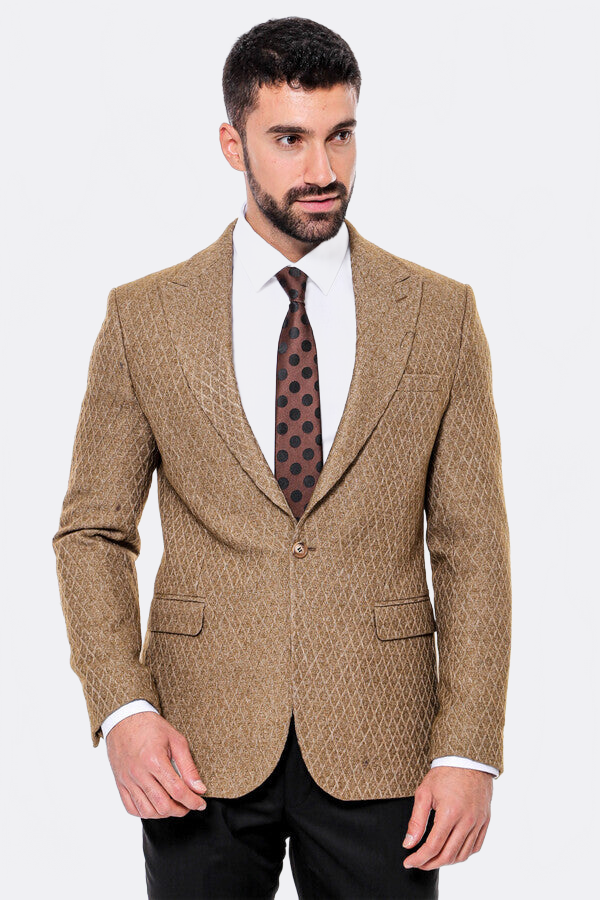 Wool Patterned Slim Fit Light Brown Men Blazer - Wessi