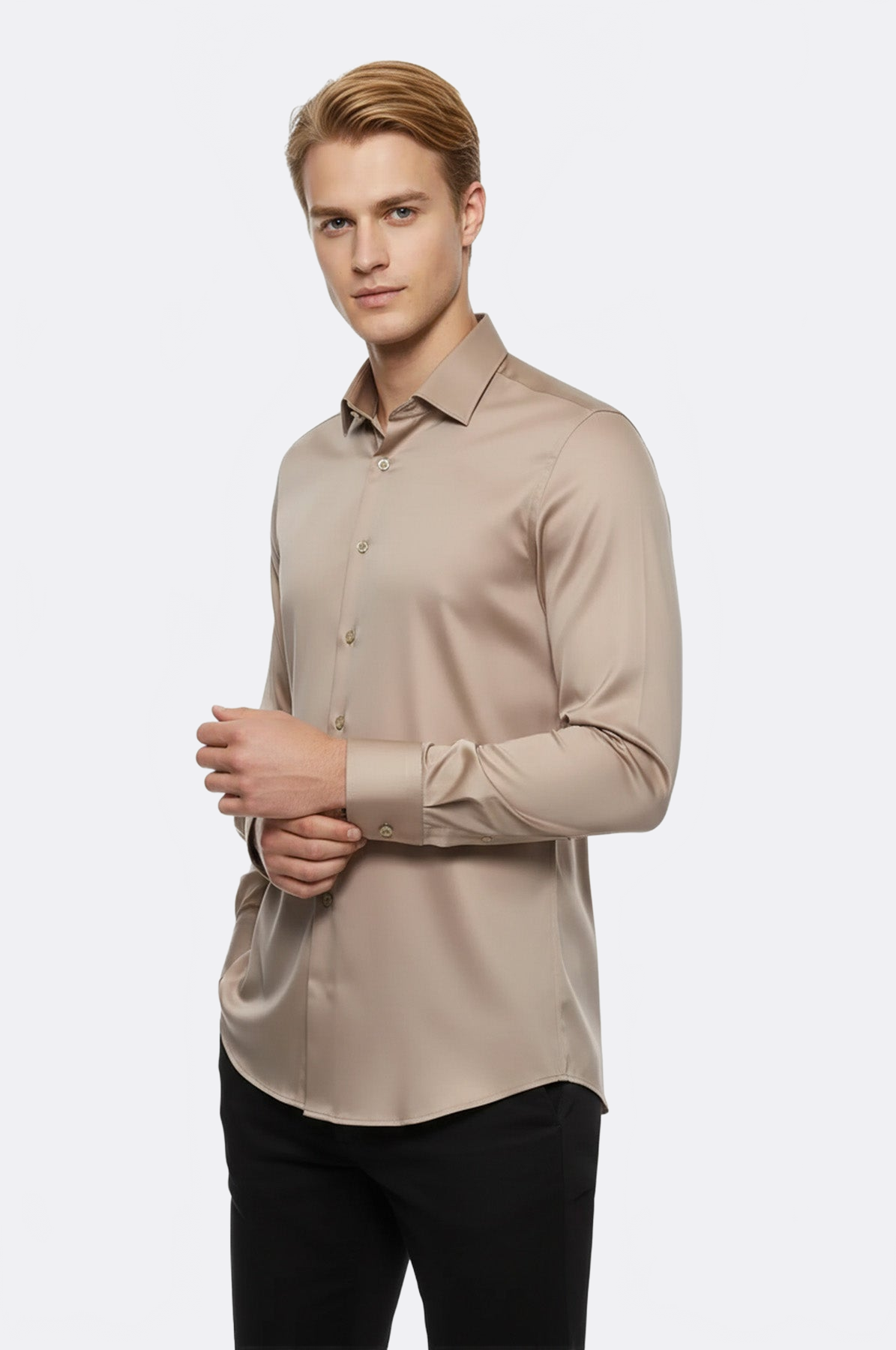 Cotton Satin Plain Long Sleeves Slim Fit Beige Men Shirt - Wessi
