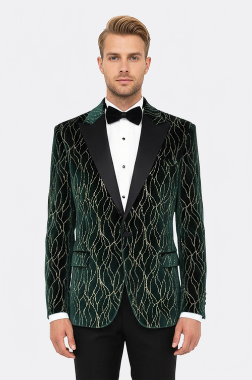 Patterned Dark Green Men Prom Blazer - Wessi