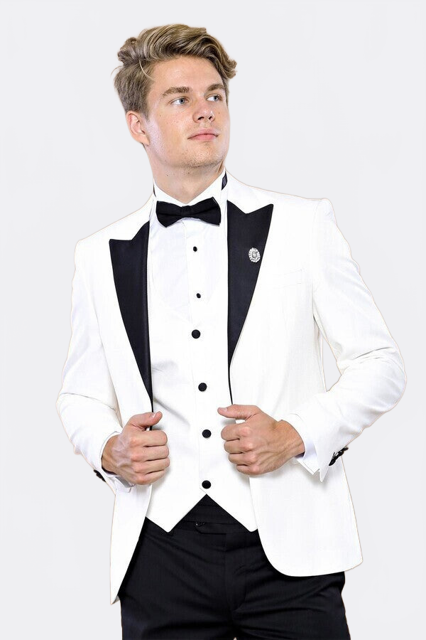 Peak Lapel 3 Piece White Tuxedo | Wessi