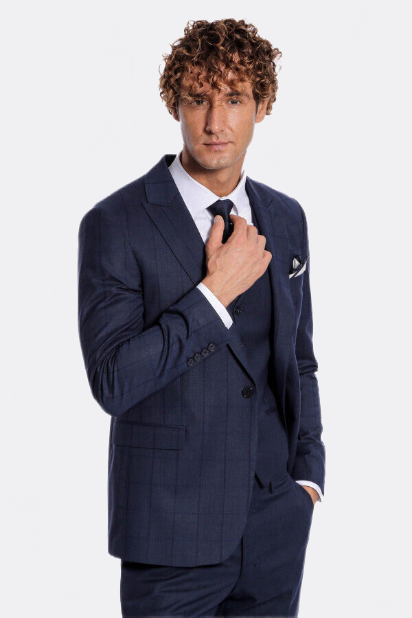 Checked Vested Slim Fit Navy Blue Men Suit - Wessi