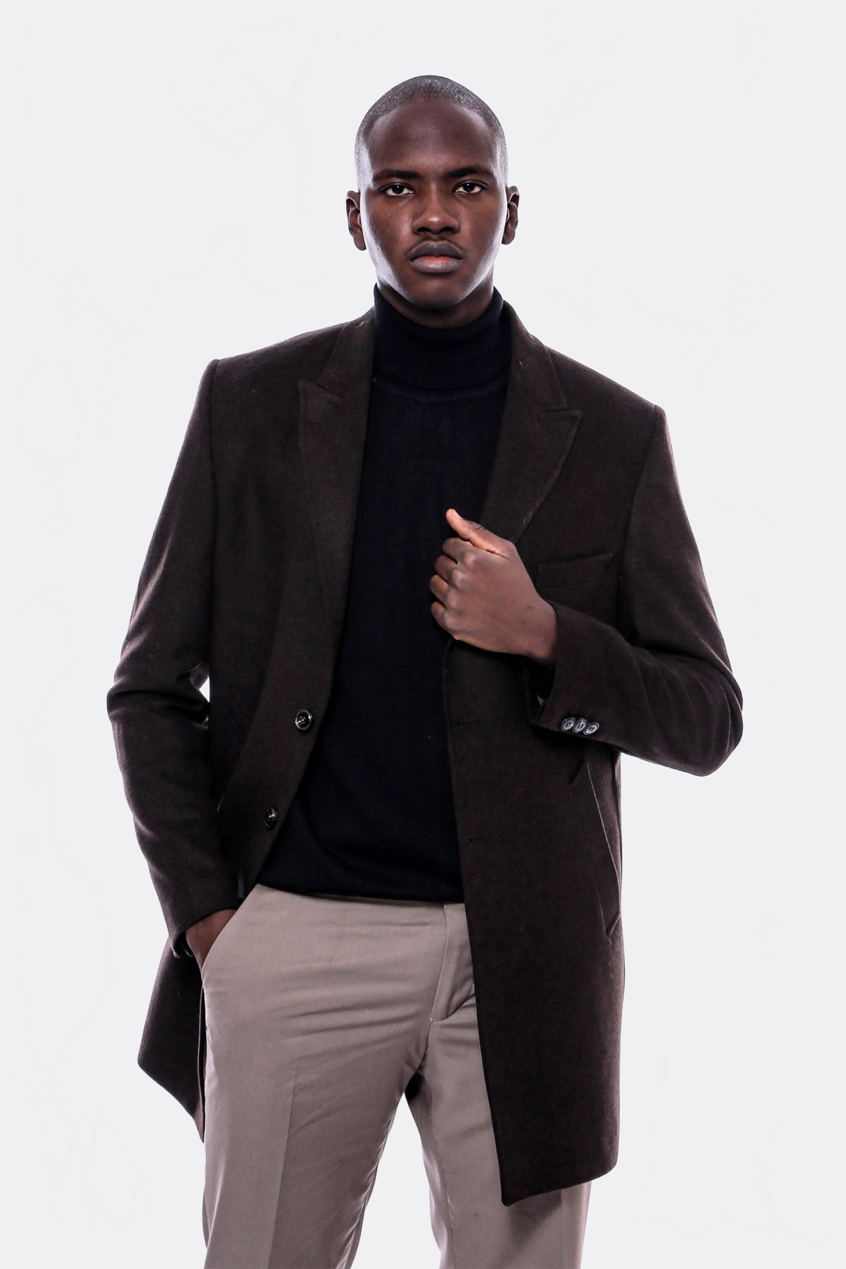 Wide Pointed Collar Over Knee Brown Men Coat - Wessi