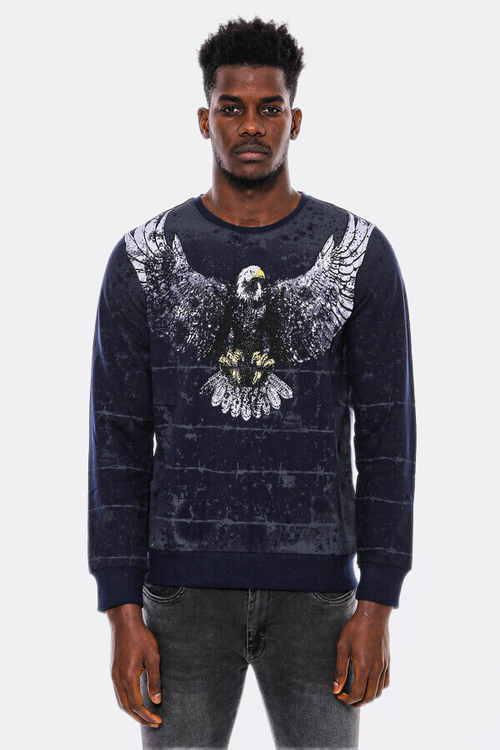 Eagle Patterned Slim Fit Navy Blue Sweatshirt - Wessi