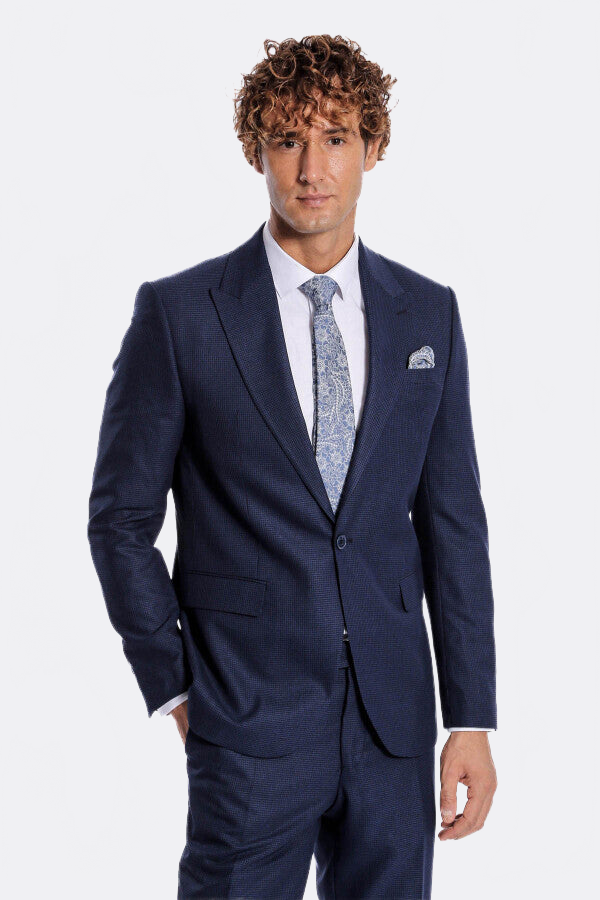 Two Piece Patterned Navy Blue Men Suit - Wessi