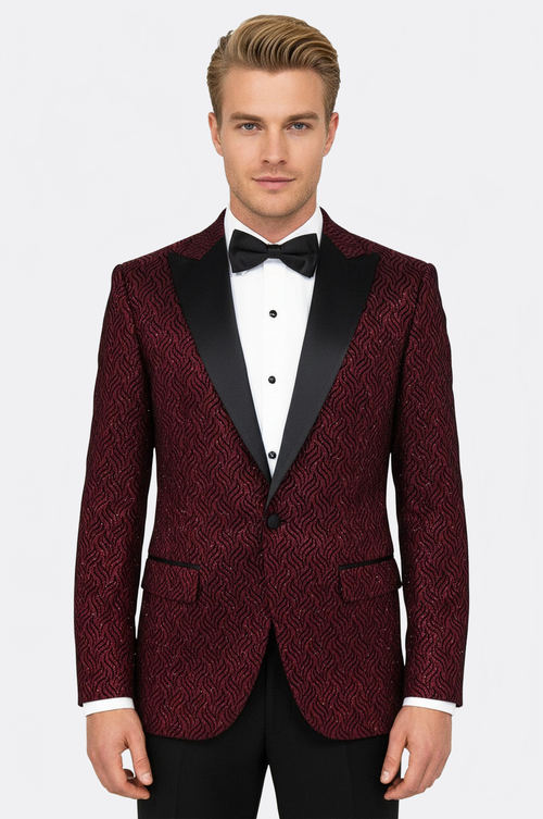 Shiny Patterned Burgundy Prom Blazer - Wessi