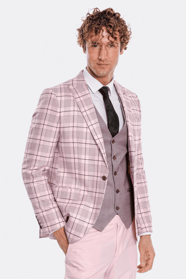 Checked Slim Fit Pink Men Suit - Wessi