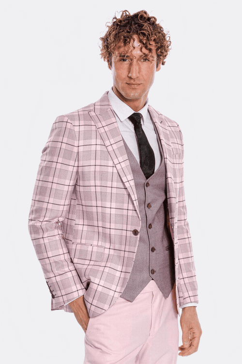Checked Slim Fit Pink Men Suit - Wessi