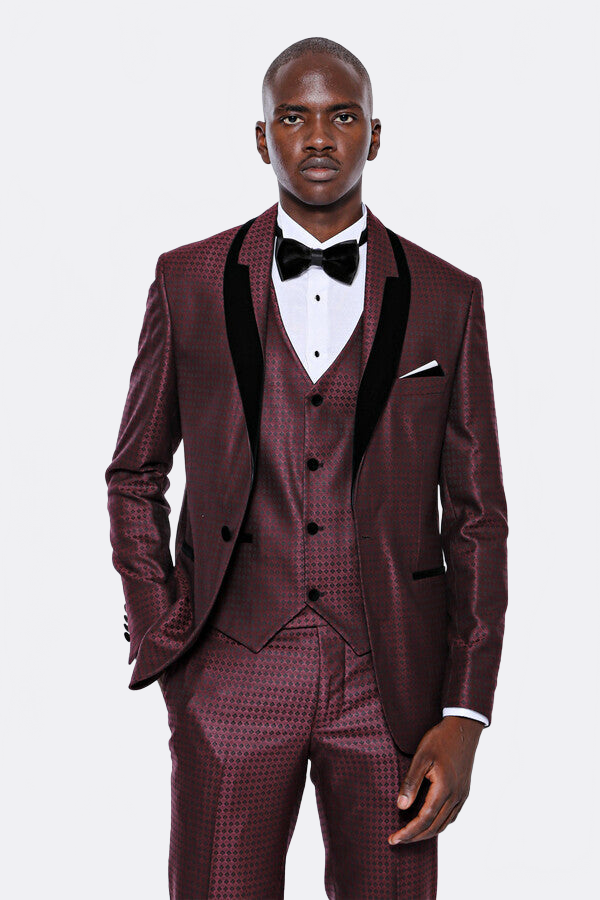 Patterned Burgundy Velvet Lapel Groom Suit - Wessi