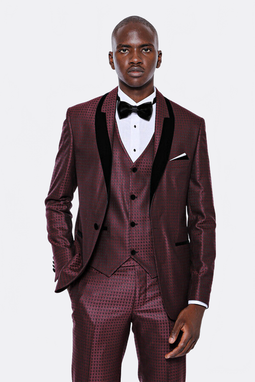 Patterned Burgundy Velvet Lapel Groom Suit - Wessi