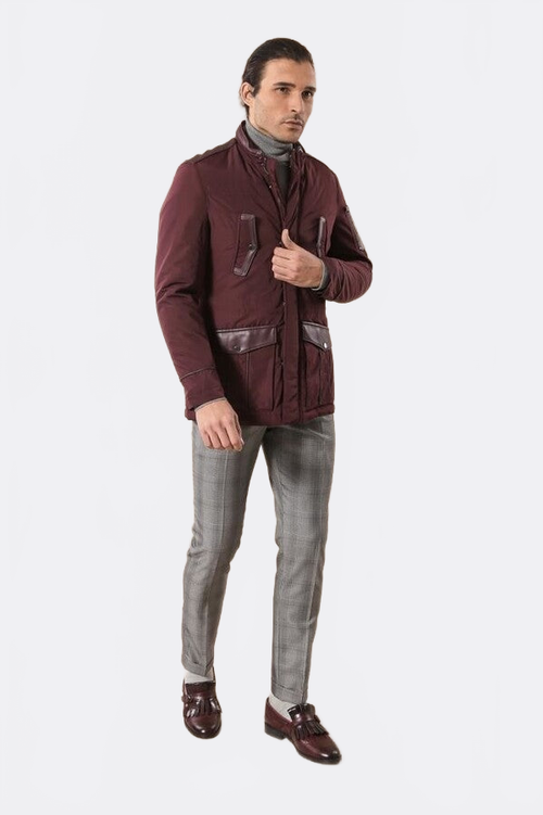 Leather Modeled Burgundy Slim Fit Quilted Jacket - Wessi