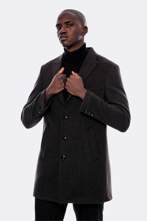 Wide Pointed Collar Smoked Over Knee Men Coat - Wessi