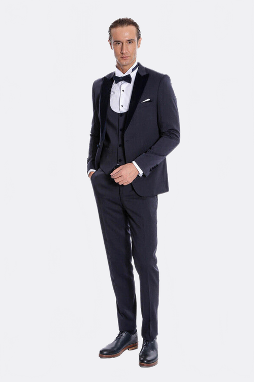 Velvet Lapel Slim Fit Navy Blue Men Tuxedo - Wessi