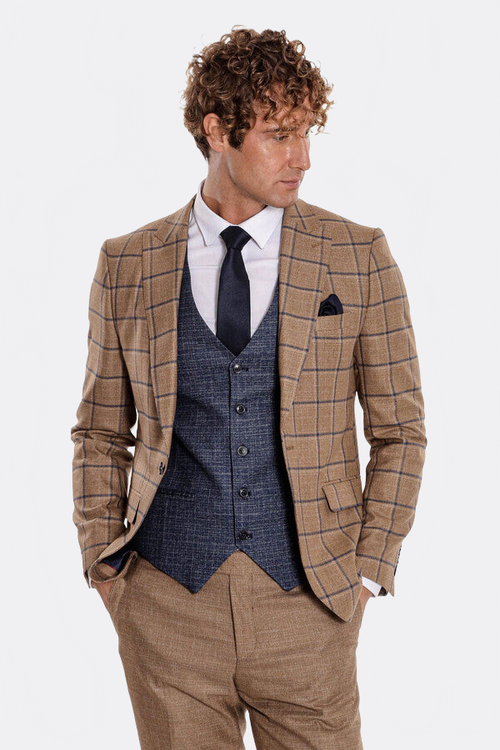 Slim Fit Checked Patterned Brown Men Suit - Wessi