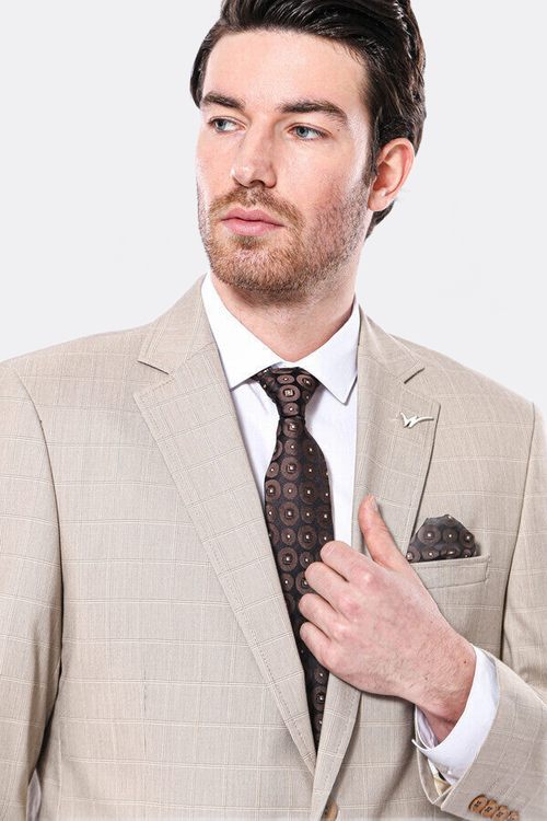 4 Drop Checked Regular Fit Beige Suit - Wessi