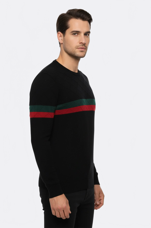 Crew Neck Knitwear Chest Striped Over Black - Wessi