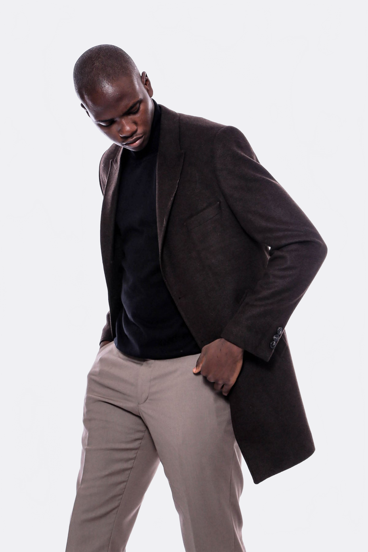 Wide Pointed Collar Over Knee Brown Men Coat - Wessi
