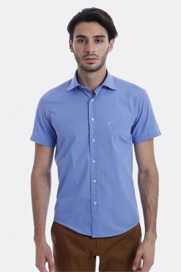 Short Sleeve Poly Cotton Slim Fit Blue Men Shirt - Wessi
