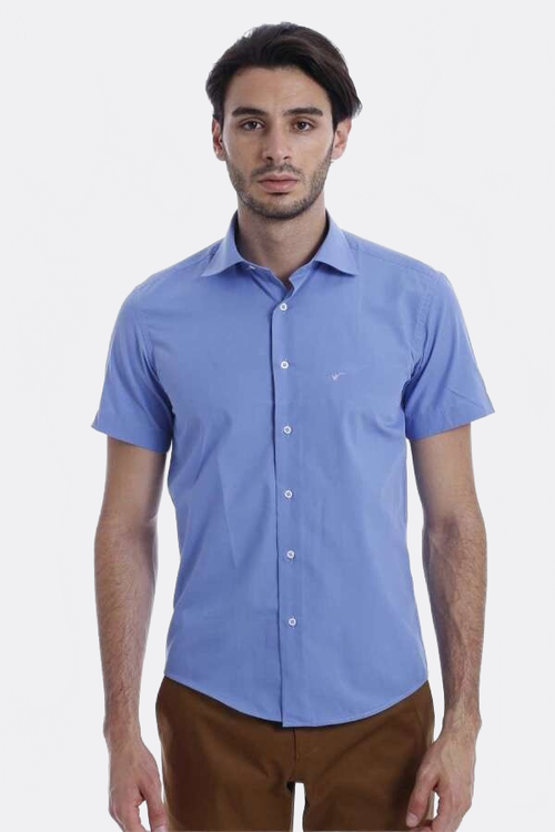 Short Sleeve Poly Cotton Slim Fit Blue Men Shirt - Wessi