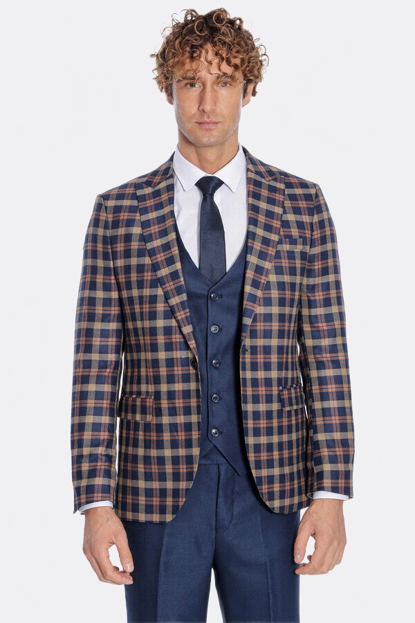 Checked Blazer Slim Fit Navy Blue Men Suit - Wessi