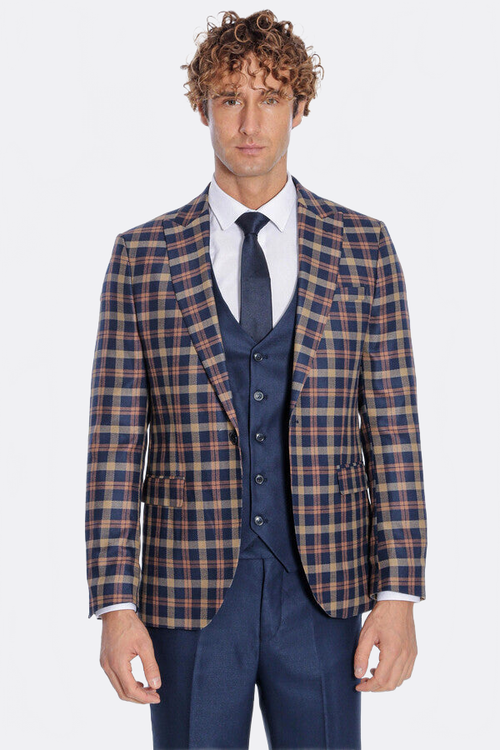 Checked Blazer Slim Fit Navy Blue Men Suit - Wessi