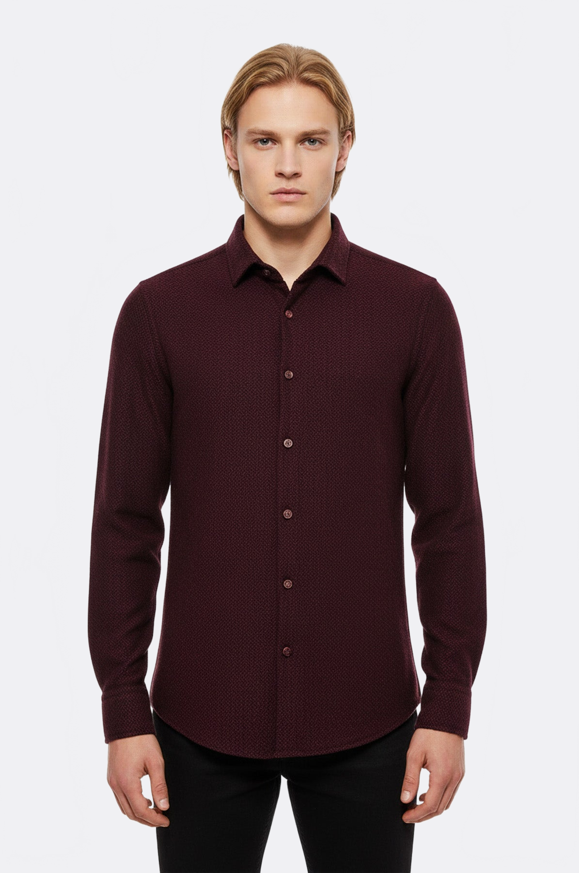 Herringbone Patterned Dark Burgundy Men Lumberjack Shirt - Wessi