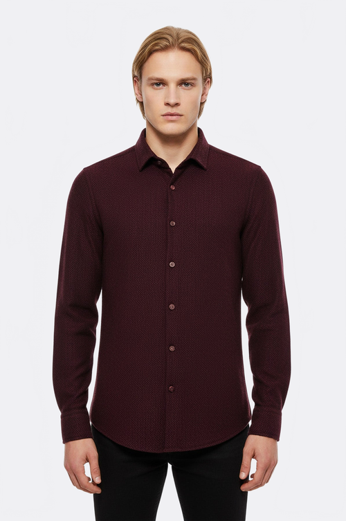 Herringbone Patterned Dark Burgundy Men Lumberjack Shirt - Wessi