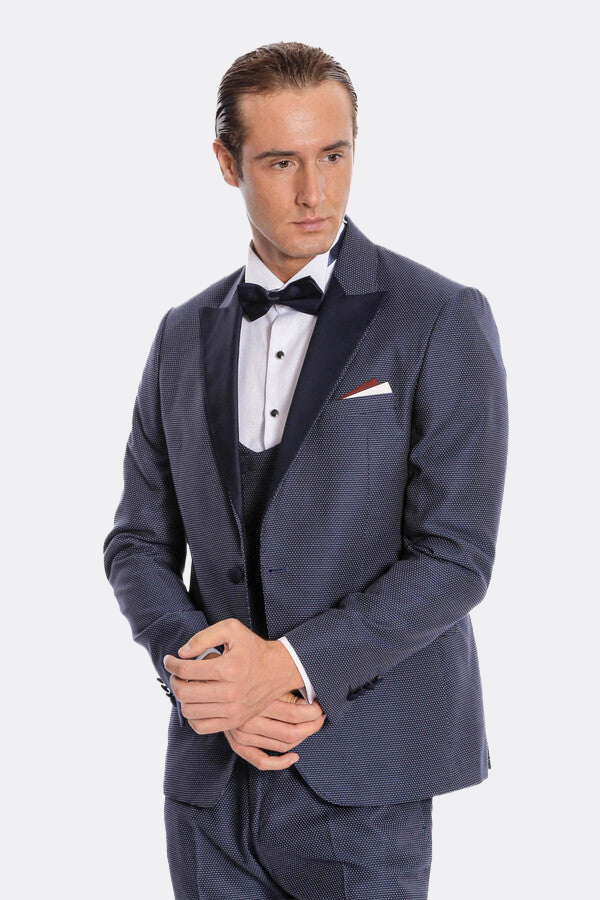 Removable Lapel Vested Navy Blue Tuxedo - Wessi