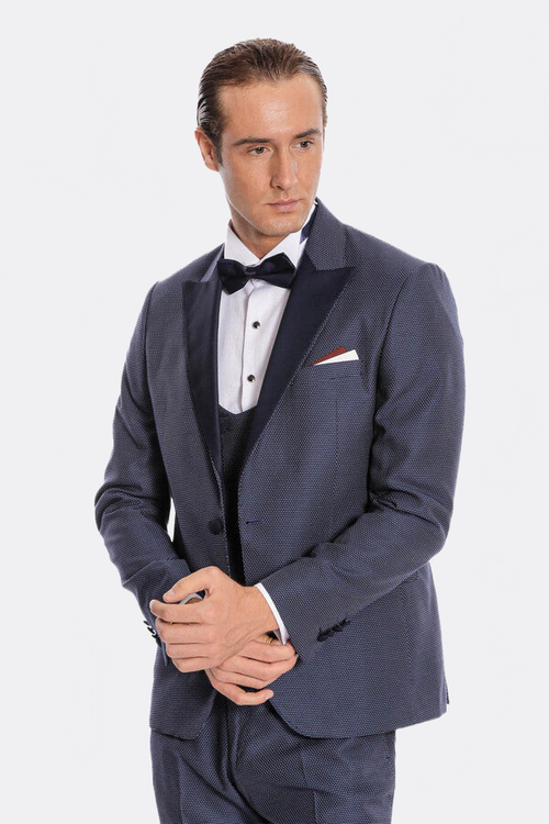 Removable Lapel Vested Navy Blue Tuxedo - Wessi