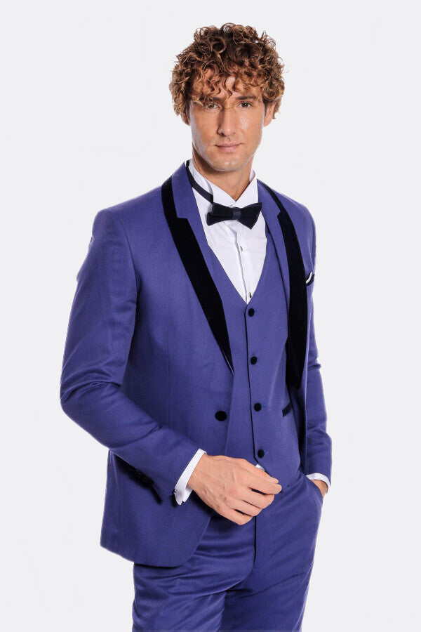 Patterned Velvet Lapel Blue Men Tuxedo - Wessi