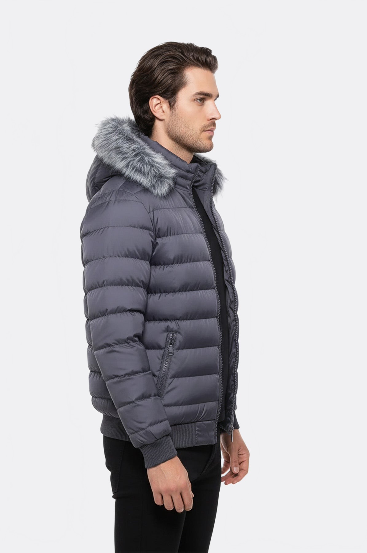 Grey Men's Puffer Coat with Fur - Wessi