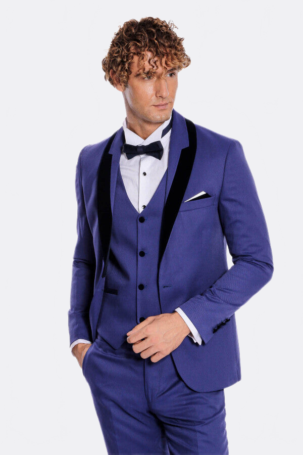 Patterned Velvet Lapel Blue Men Tuxedo - Wessi