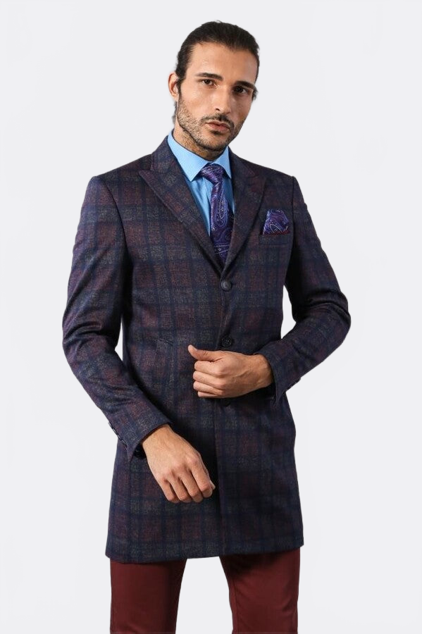 Double-Breasted Plaid Burgundy Men Coat - Wessi