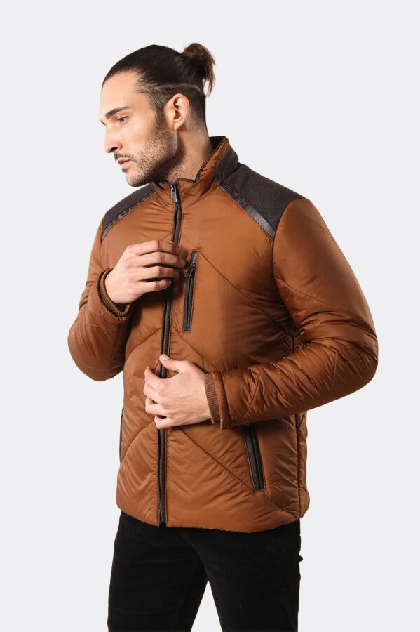 Tan Quilted Down Men Coat - Wessi