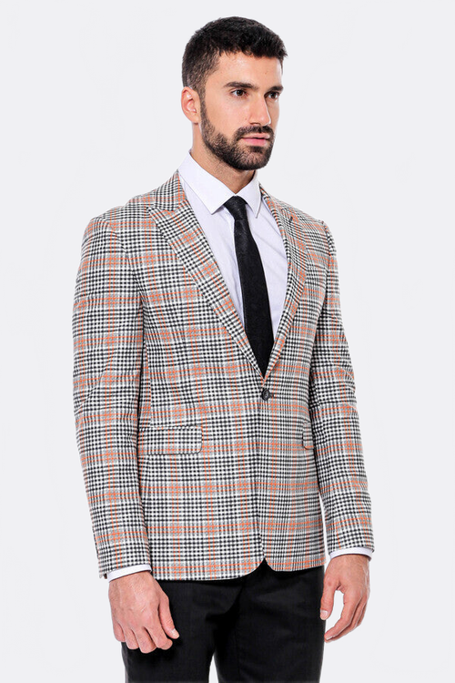 Plaid Slim-Fit Orange Black Men Blazer - Wessi