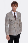 Checked Double Breasted Brown Men Blazer - Wessi