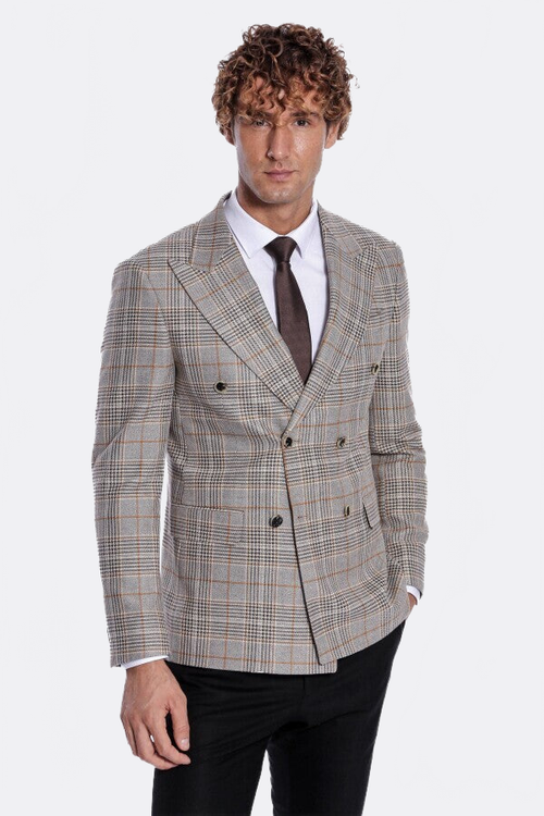 Checked Double Breasted Brown Men Blazer - Wessi