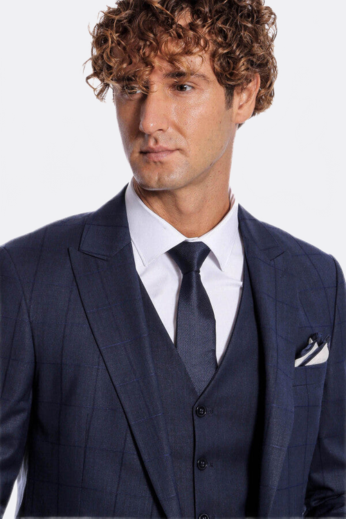 Checked Vested Slim Fit Navy Blue Men Suit - Wessi