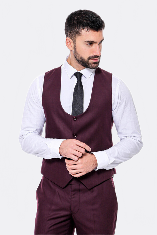Plain Slim Fit Burgundy Men Suit - Wessi