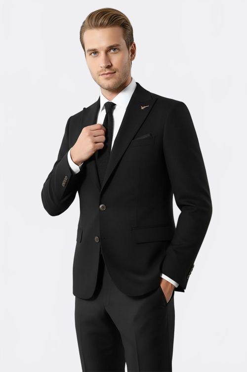 Single Button Pointed Collar Black Blazer - Wessi