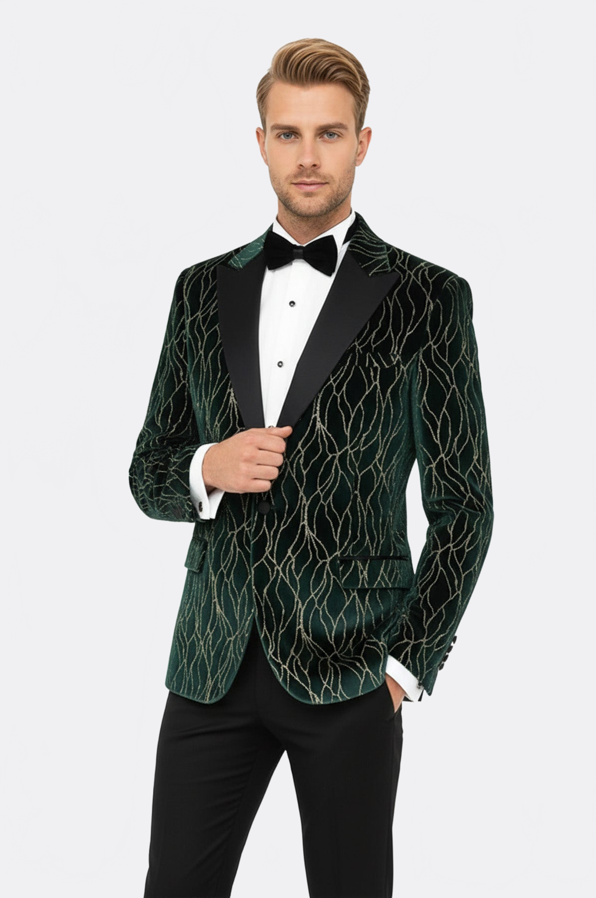 Patterned Dark Green Men Prom Blazer - Wessi
