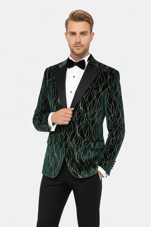 Patterned Dark Green Men Prom Blazer - Wessi