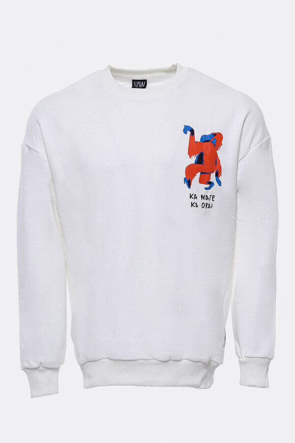Printed White Circle Neck Men's Sweatshirt - Wessi