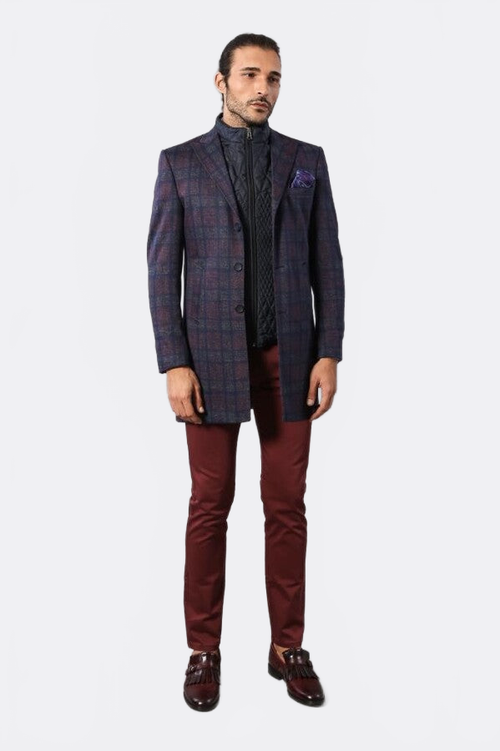 Double-Breasted Plaid Burgundy Men Coat - Wessi