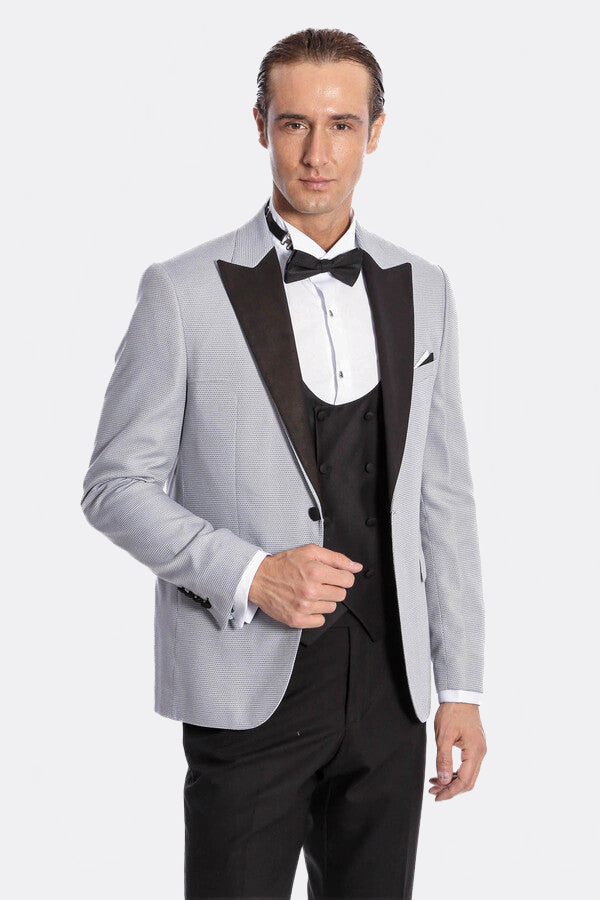 Dot Patterned Grey Vested Tuxedo - Wessi