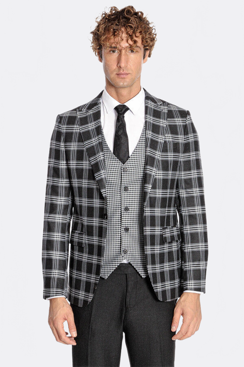 Slim Fit Patterned Checked Black Men Suit - Wessi