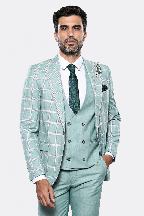 Checked Light Green Vested Suit | Wessi